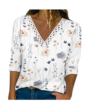 Fall Floral Printed Tops for Women Crochet Lace Trim V Neck T Shirts Casual Loose Pullover Tee Shirts Long Sleeve/03 X-Large
