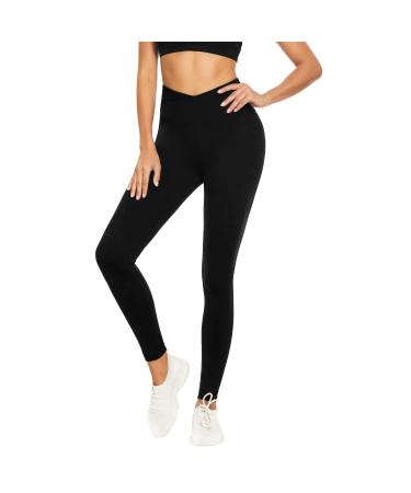 V Cross Waist Leggings for Women-Tummy Control Soft Workout Running High Waisted Non See Through Black Yoga Pants Black Small-Medium