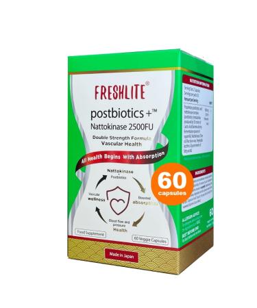 FRESHLITE Natural Blood Pressure Sugar&Clot Relief-Advanced POSTBIOTICS w/Premium NATTOKINASE 2500FU Certified by JNKA for Cardiovascular Health Support-60 Veg Capsules 30 Day-Made in Japan