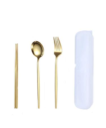 Three Piece Stainless Steel Portable Tableware Student Spoon Fork Chopsticks Gold