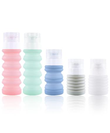 Mefold Silicone Travel Shampoo Bottles Kit TSA Approved Collapsible Toiletries Containers Travel Size Essentials Bottle Set Leakproof Squeeze for Soap Lotion Liquid Airport Travel Accessories BPA Free 5 Piece Assortment