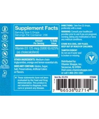 Vitamin Shoppe Liquid D3 5000IU Citrus Flavor 1 Fl Oz - Bone & Immune Health Support - Buy Online on GoSupps.com