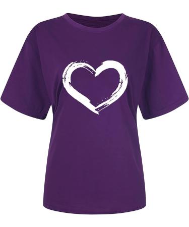 Womens Cute Love Heart Short Sleeve Top - Crewneck White Tee Blouse | Valentine Purple XL - Buy Online on GoSupps.com