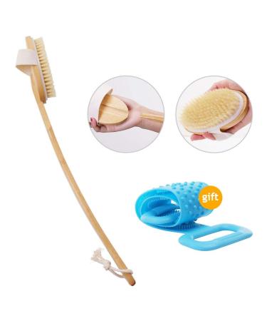 VLIHEENER Shower Bath Brush-Natural Long Wooden Soft Bristles Handle Detachable Body Brush with Silicon Back Scrubber for Cellulite  Exfoliates  Skin Health  Blood Circulation. 16.5 Inch