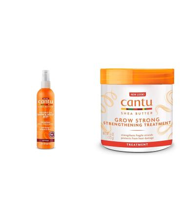 Cantu Coconut Oil Shine & Hold Mist with Shea Butter for Natural Hair 8 fl oz & Grow Strong Strengthening Treatment with Shea Butter 6 oz Bundle