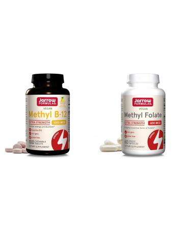 Jarrow Methyl B-12 1000mcg 100 Chewables & Methyl Folate 400mcg 60 Veggie Capsules Bundle for Cellular Energy Brain Cardiovascular & Neurologic Health Support 100 Count (Pack of 1) Supplement + Supplement 60 Veggie Capsu