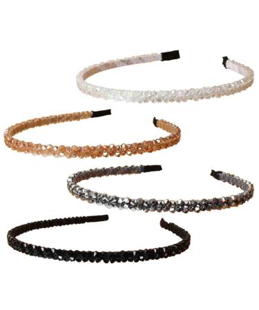 Cuizhiyu 4 PK Crystal Rhinestone Headbands for Women Girls Double Rows Sparkly Beaded Hair Hoops Clear Black Weave Narrow Hair Bands Hair Accessories (Color A)