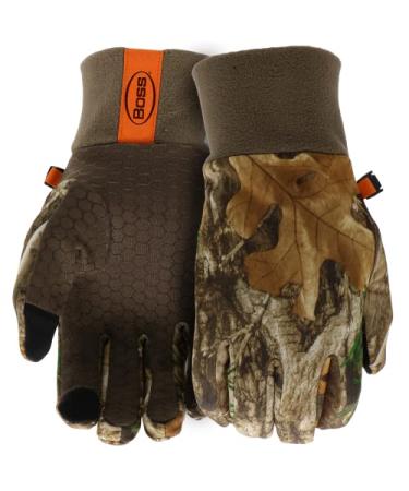Boss Men's Real Tree Camouflage Fleece Silicone Palm Work Gloves, Touchscreen Technologies, High-Dexterity, Cold Protection Large