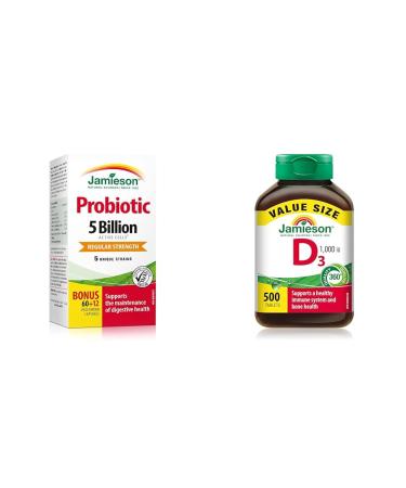 Jamieson Probiotics 5 Billion Active Cells - Regular Strength & Vitamin D 1 000IU 500 Tablets