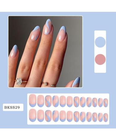 24Pcs Press on Nails Short French Tips Fake Nails Acrylic Square False Nails Summer Reusable Artificial Almond Blue Nails for Women and Girls - Buy Online on GoSupps.com