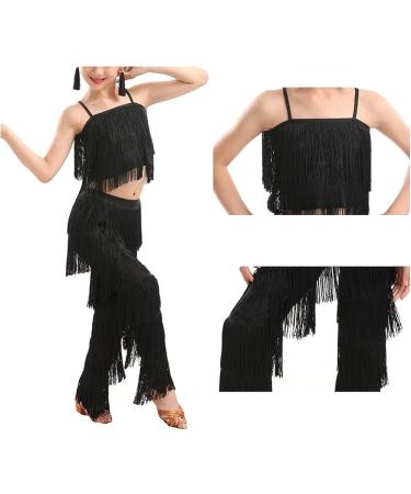 Girls 2 Piece Latin Ballroom Dance Costume Set - Black Tassel Camisole Fringe Pants - Modern Salsa Dancewear (7-8 Years) - Buy Online on GoSupps.com