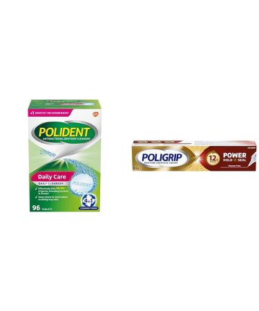 Polident Daily Denture Cleaner 4 in 1 Cleaning System Stain and Plaque Remover Triple Mint Fresh 96 Tablets (Packaging May Vary) & POLIGRIP Power Hold + Seal Beauty + Power Hold + Seal