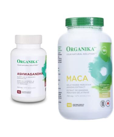 Organika Ashwagandha Stress Relief Sleep Aid Mood Enhancement + Organika Maca 4:1 Strength (3000mg) Hormone Balance & Energy Bundle Ashwagandha + Maca 4:1 Strength