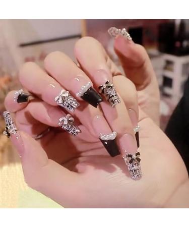 24Pcs/Set Press On Nails French Long Plaid Bow False Nails Acrylic Fake Nails Full Cover Nails Tips Artificial Finger Manicure Press on nails for Women and Girls