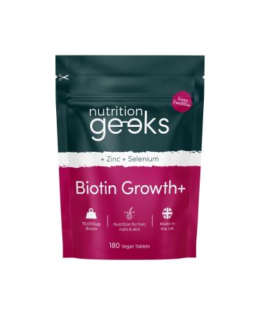 Nutrition Geeks Biotin Hair Growth Supplement - 180 Tablets Enhanced with Zinc & Selenium Hair Vitamins Complex - Biotin 10000 mcg - Vegan Hair Skin and Nails Vitamins for Women & Men UK