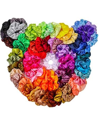 ZZICEN Satin Scrunchies 60 Colors Silk Scrunchies Hair Elastics Scrunchies Hair Bands Ties for Women Girls Solid Satin 60Pcs