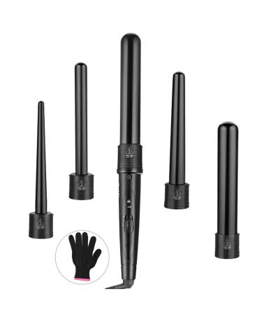 Lanboo Curling Iron Set 5 in 1 Curling Iron Curl Wand Set Barrel Produces Loose Curls with 5 Interchangeable Ceramic Barrels Fast Heating Hair Curler Kit with Protective Glove Black
