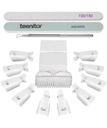 Teenitor gel nail remover kit with10pcs Gel Clip Remover, Brush for Nails, Nail Files 100/180, Buffer Block 400/4000, Stainless SteelCuticle Peeler and 115pcs Lint Free Cotton Pads Nail Wipe Clear