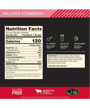 Gold Standard 100% Whey Protein Powder | Whey Protein Isolate Sourced | 24g Protein 5.5g BCAAs 11g EAAs | Low Carb Low Sugar Gluten Free | 146 Servings 10LB (Delicious Strawberry) Strawberry 10LB - Buy Online on GoSupps.com