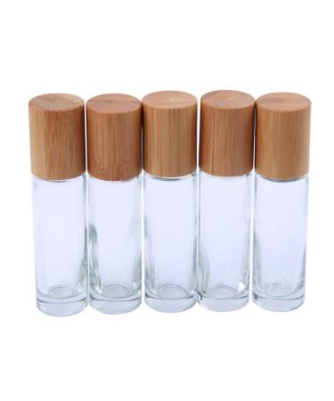 ConStore 5pcs 10ml Roller Bottles Clear Glass Roll On Bottles with Bamboo Lid Empty Refillable Essential Oil Roller Bottles with Stainless Steel Roller Ball