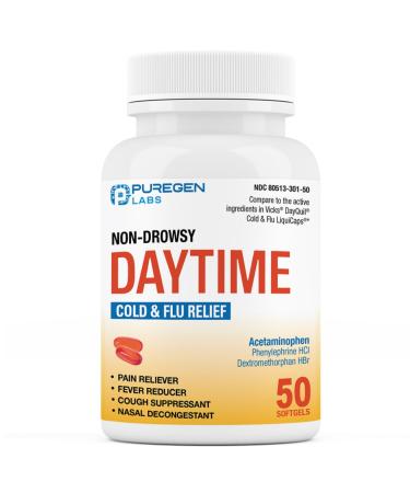 Puregen Labs Non-Drowsy Cold & Flu Medicine for Adults (50 Softgels) | Multi-Symptom Relief for Severe Congestion Headache Sore Throat Fever Aches and Pains (Daytime)