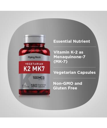 Piping Rock K2 MK7 Vitamin Supplement | 100 mcg | 180 Vegetarian Capsules | Non-GMO Gluten Free - Buy Online on GoSupps.com