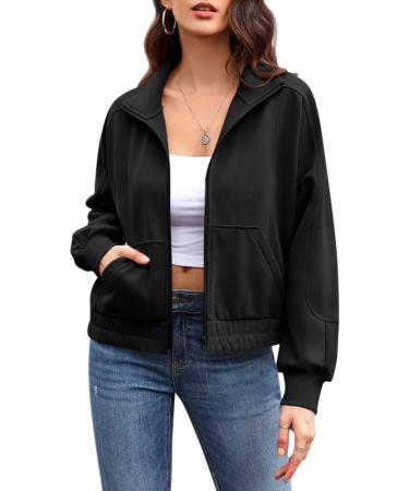 Ebifin Women's Zip Sweatshirt - Lightweight Hoodless Jacket for Autumn & Summer | Black L with Pocket - Buy Online on GoSupps.com