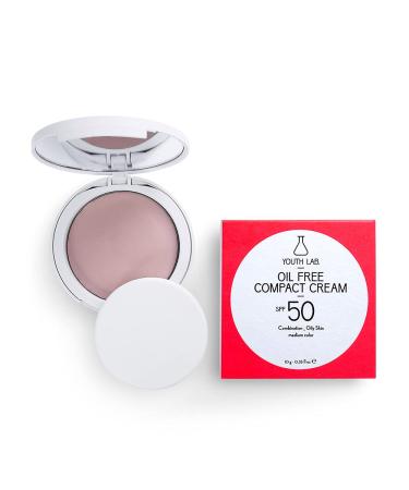 YOUTH LAB Oil Free Compact Cream for Combination and Oily Skin - Makeup Foundation for Face with SPF50 Sunscreen Protection- Facial Matte Finish Coverage Sun Block Cream with Sponge - Medium Color