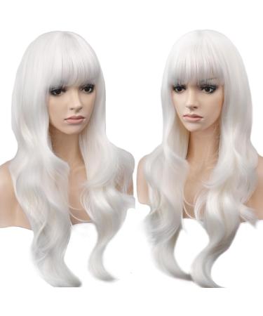 YEESHEDO 28 Long Wavy Curly White Wig with Fringe | Heat Resistant Synthetic Hair for Women - Perfect for Halloween, Cosplay, Anime & Snow White Costumes - Buy Online on GoSupps.com