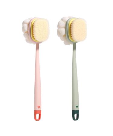 Oneleaf Body Shower Brush with Bristles and Loofah Back Scrubber Bath Mesh Sponge with Long Handle for Skin Exfoliating Bath  Massage Bristles Suitable for Wet or Dry  Men and Women (Pink & Green)
