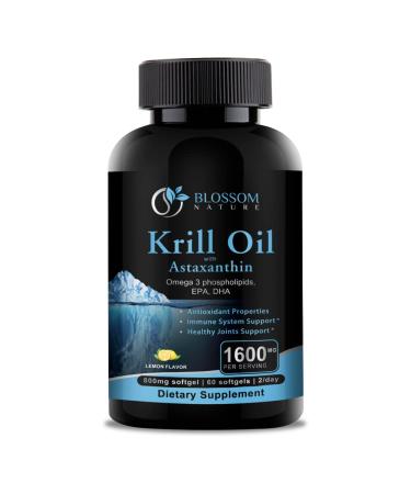 Antarctic Krill Oil 1600mg with Astaxanthin 2mg-Omega 3 Krill Oil,Phospholipids,Fatty Acids,EPA,DHA-Support Healthy Joints,Hair,Skin*-800mg per Softgel, 60 Krill Oil Softgels with Lemon Flavor,Non GMO