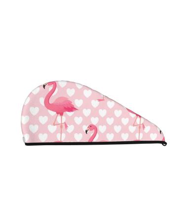 Microfiber Hair Drying Cap Cute Flamingo with Heart Hair Towel Cap Soft Absorbent Hair Towel Towel Wrap with Button Quick Dry Fast Drying Hair Capsfor Curly Long & Thick Hair