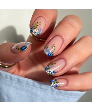 Short Acrylic Fake Nails Oval Press on Nails Nude with Blue Flower Designs False Nails Medium Length Glue on Nails Floral Full Cover Stick on Nails for Women and Girls 24Pcs V28