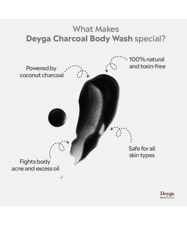 Deyga Charcoal Body Wash Deep-Cleansing Detox for Acne Tan & Pigmentation | Activated Charcoal + Cucumber + Vetiver | Refreshing Purifying Formula for Clear Balanced & Revitalized Skin 220ml - Buy Online on GoSupps.com