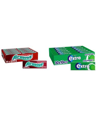 Airwaves Chewing Gum Sugar Free Cherry Menthol 30 Packs of 10 Pieces & Extra Chewing Gum Sugar Free Spearmint Flavour Chewing Gum Bulk 30 Packs of 10 Pieces