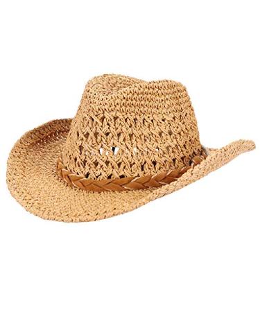 Straw Cowboy Hat Wide Brim Sun Hat Cowgirl Summer Panama Hat with Chin Strap Men Women Sombrero Travel Outdoor Family Hat Khaki One Size