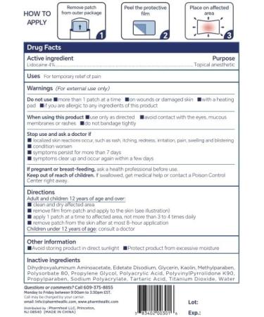 Pharmheal Pain Relief Patch 4% Lidocaine 30 Count 8 Hour Maximum Strength for Back Neck Knee Elbow Shoulder and Muscle Pain Relief - Buy Online on GoSupps.com