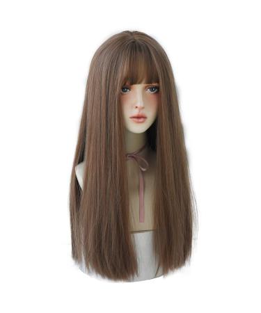 URCGTSA 23 Inches long Hair Wig for Women Honey tea Natural Synthetic Hair Long Straight Wig With Bangs Egirl Wig Party Cosplay Wig(Honey Brown)