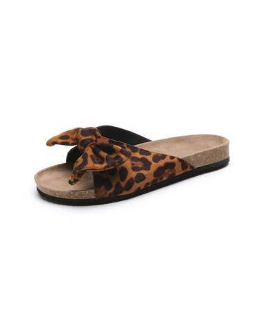 Creev flat sole sandals cork footbed sandals summer loop nodes open toe slide women's flip-flops mules (Leopard 40 EU) Leopard 38 EU