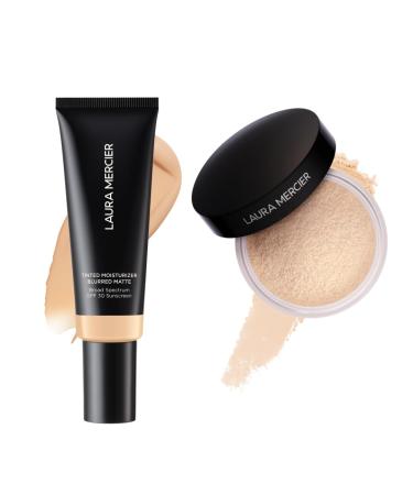 Laura Mercier Tinted Moisturizer Blurred Matte with SPF 30 24HR+ Shine Control Shade 1N Birch and Translucent Loose Setting Powder 24HR Shine Control Infused with Vitamins C + E Translucent Bundle