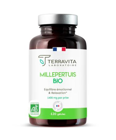 St. John's Wort Organic | 120 Capsules of 350 mg | 100% Flowered Tops Rich in Active Principles | Repairing Sleep - Good Mood - Anti-Stress | 100% Vegan Without Excipients | Made in France | Terravita