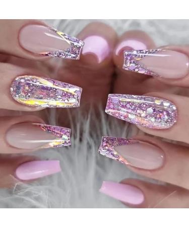Purple Press on Nails Medium Coffin Fake Nails French Tips Full Cover Glue on Nails with Glitter Design Acrylic Artificial Nails Glossy Stick on Nails for Women and Girls 24PCS French Purple Glitter A02