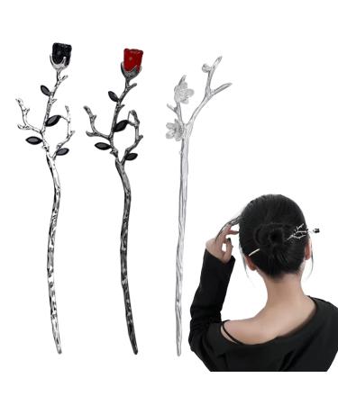 3 Pieces Chinese Traditional Flower Hair Sticks Retro Metal Hairpin Rose Flower Hair Chopsticks  Wedding Hair Accessories for Bride Women Girls 3pcs