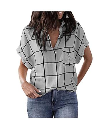 Women Summer Casual V Neckline Plaid Blouses Elegant Lapel Loose Tunic Shirt Short Sleeve Workout Tops XX-Large Gray