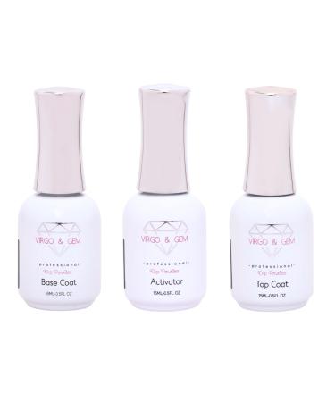 VIRGO & GEM 3 or 5 pcs Dipping Powder Liquid Set- 15ml Dip Powder Base Coat Top Coat Activator Brush Saver and PH bond.