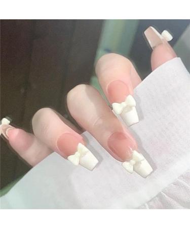 24Pcs/Set Press On Nails Milk yellow bow cute French mid length False Nails Acrylic Fake Nails Full Cover Nails Tips Artificial Finger Manicure Press on nails for Women and Girls - Buy Online on GoSupps.com