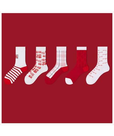 Chinese New Year Red Socks Comfortable Embroidered Women's Cotton Socks Good Luck Socks with Gift Box 5 Pairs (Color : RED-D Size : 36-44) 36-44 Red-d