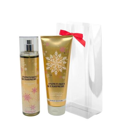Bath & Body Works Snowflakes & Cashmere 2pc bundle - Mist & Body Cream Gift Set with a Red Bow for Holiday & Gifts - Full Size