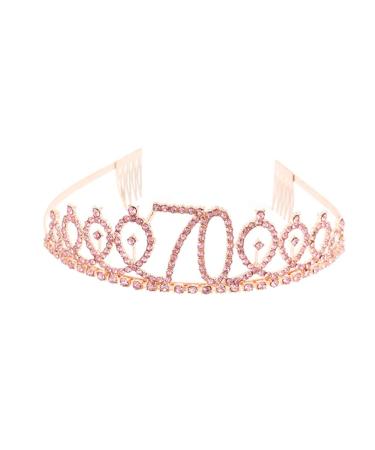 Minkissy Birthday Crown 70th Rhinestone Birthday Tiara with Comb Crystal Princess Tiara Headband for Birthday Party(Rose Gold)