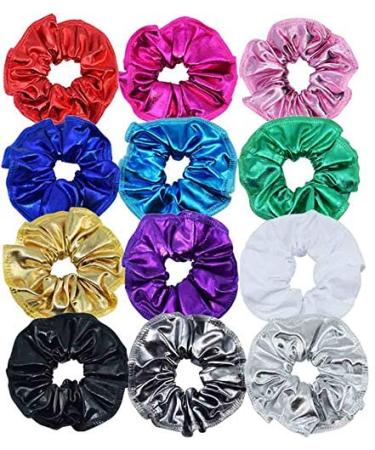 Kepblom 12 Pieces Shiny Metallic Scrunchies Large Bobble Flower Hair Scrunchie Ponytail Holders for Girls 12 Count (Pack of 1) Multi-Color